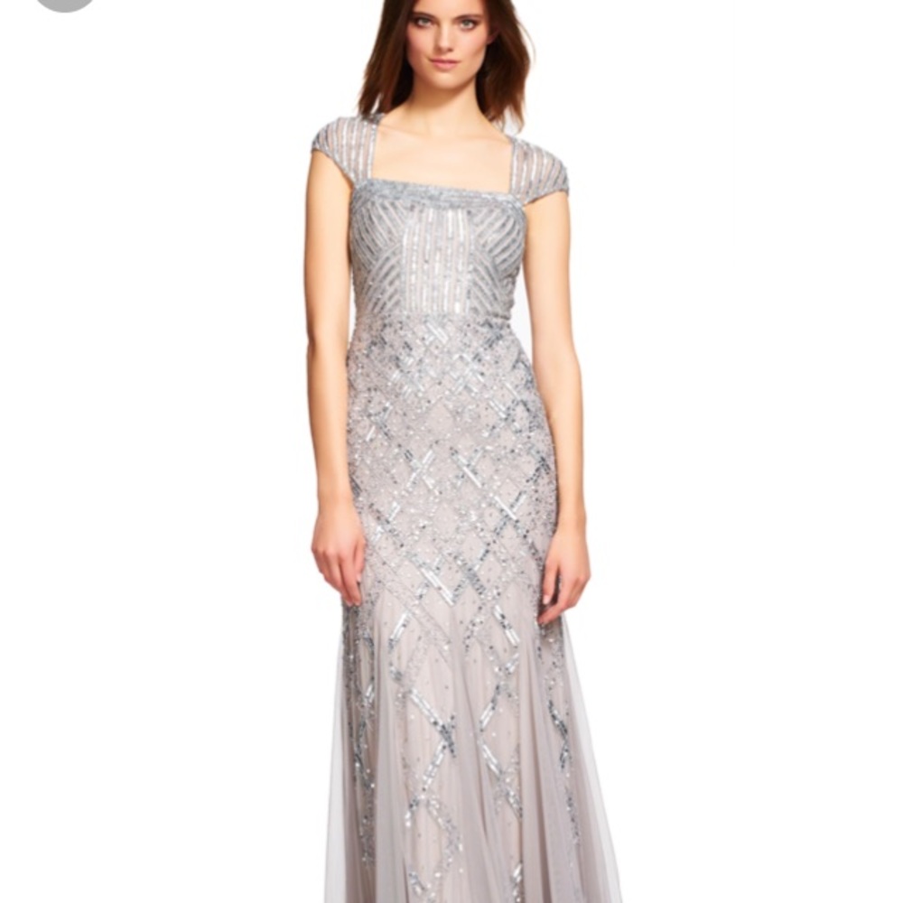 Adrianna Papell cap sleeve beaded gown in silver